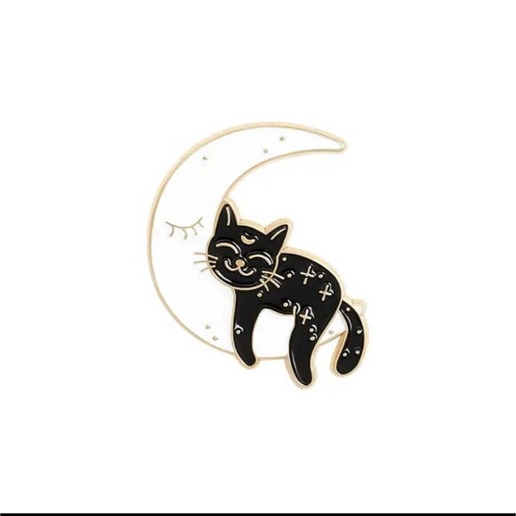 BLACK cat sleeping on crescent moon enamel pin brooche - Picture 1 of 3